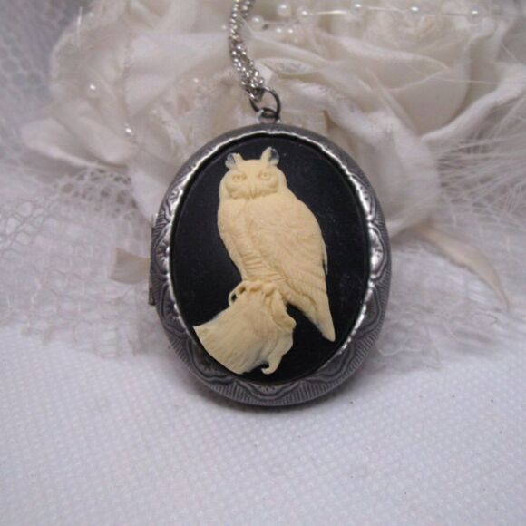 Horned Barn Owl Hoot Cameo Locket Box Keepsake Anniversary birthday GIFT MOM - Picture 5 of 9